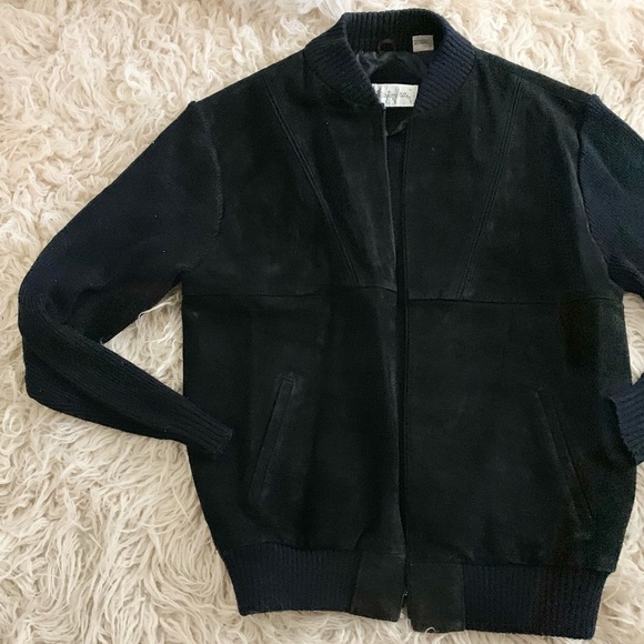 Elemental Stretch | Black Leather Front Knit XL Jacket Coat - Picture 5 of 10